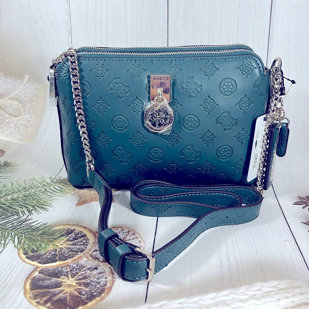 🎄NWT GUESS DOUBLE ZIPPER NINNETTE GREEN PINE CROSSBODY BAG